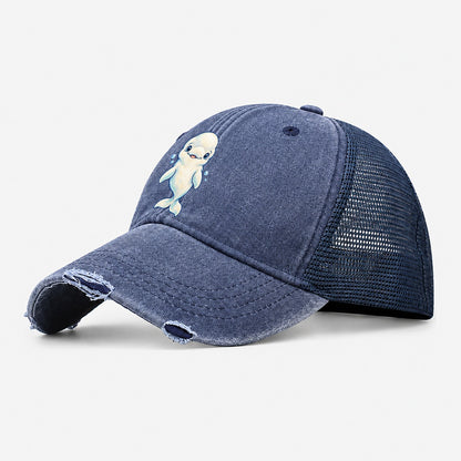 Beluga Whale Front Smile Sea Sprite Washed Trucker Hat – Navy