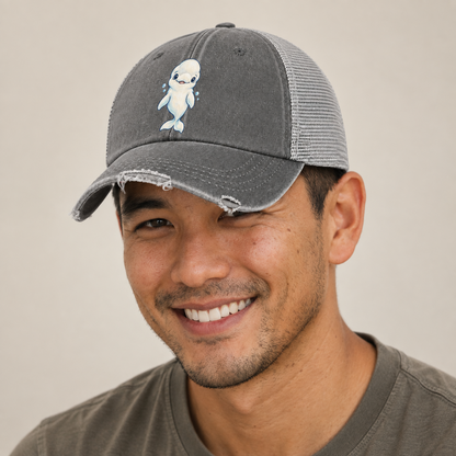 Beluga Whale Front Smile Sea Sprite Washed Trucker Hat — studio model wearing the hat