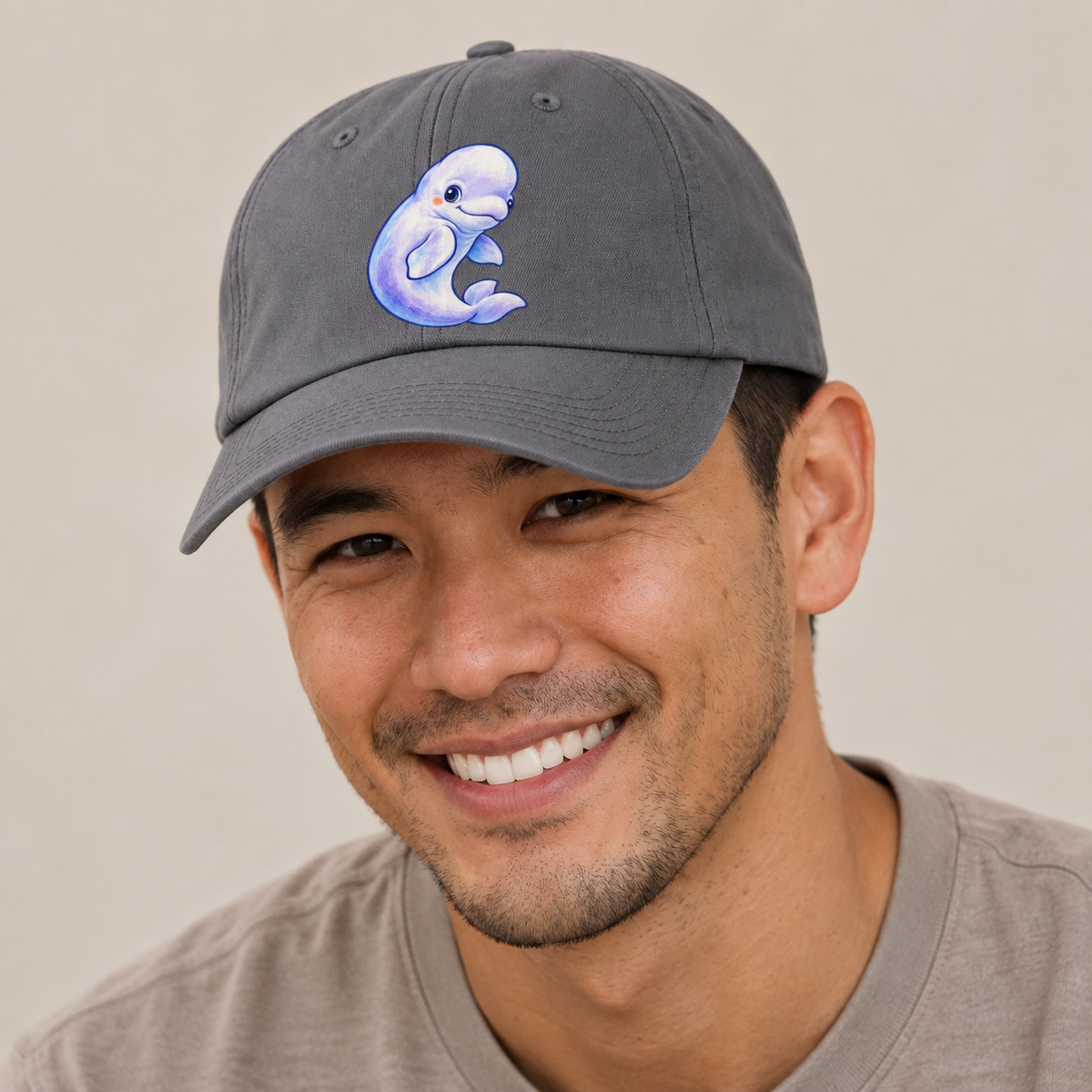 Beluga Whale Gentle Turn Sea Sprite Baseball Cap — studio model wearing the hat
