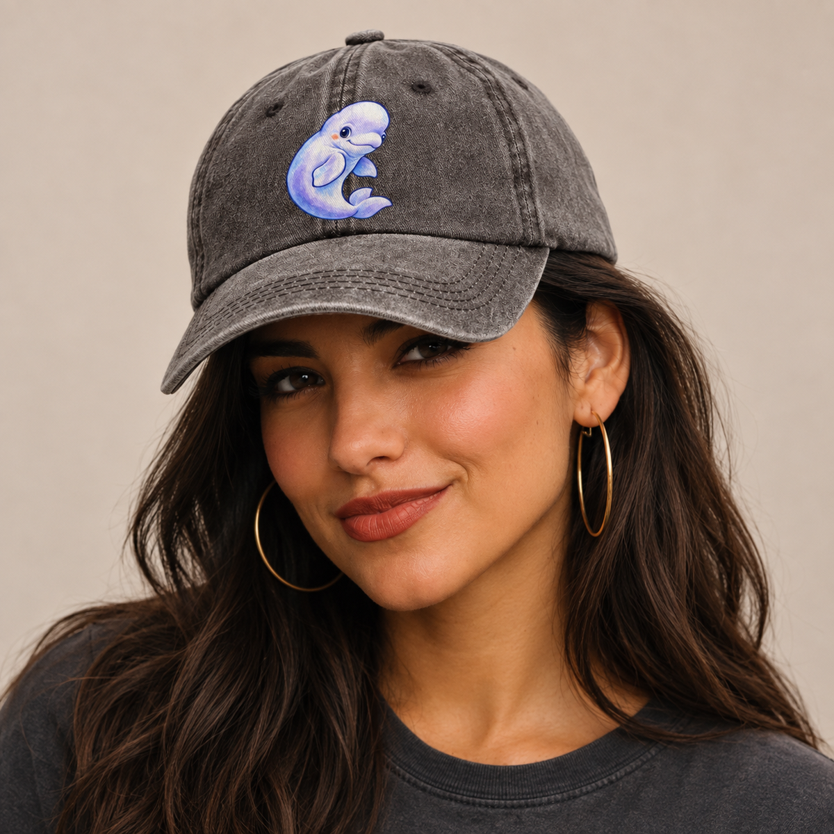 Beluga Whale Gentle Turn Sea Sprite Classic Cap — studio model wearing the hat