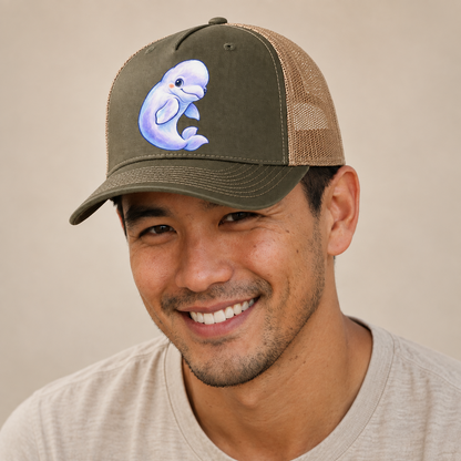 Beluga Whale Gentle Turn Sea Sprite Trucker Hat — studio model wearing the hat