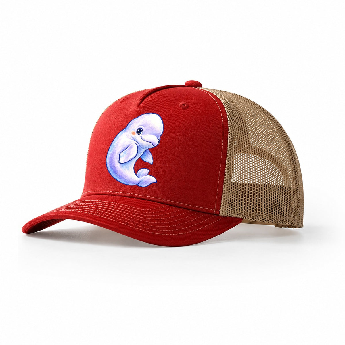 Beluga Whale Gentle Turn Sea Sprite Trucker Hat – Red Khaki