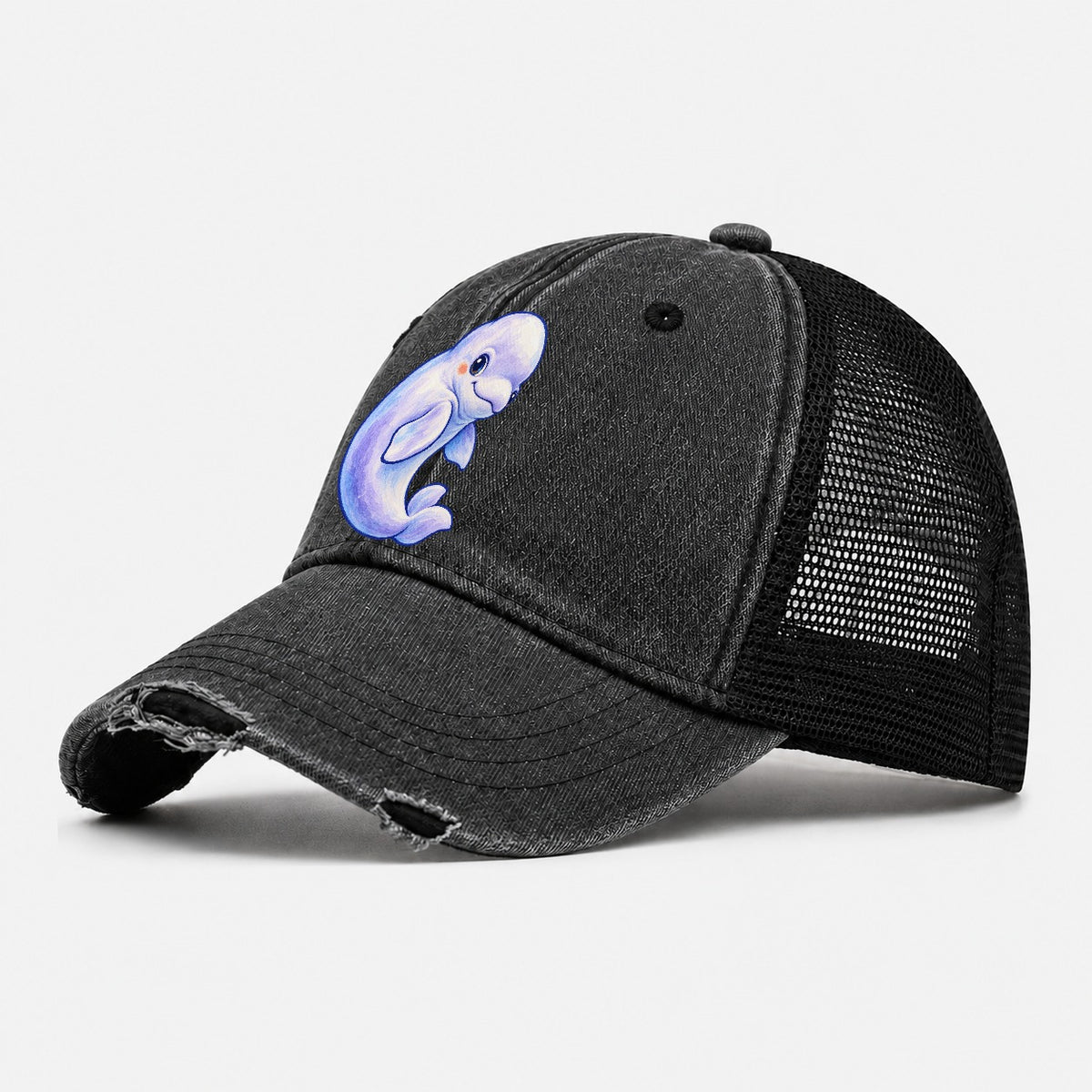 Beluga Whale Gentle Turn Sea Sprite Washed Trucker Hat – Black