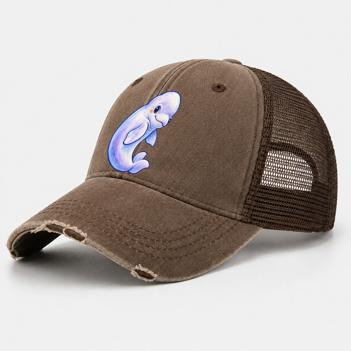 Beluga Whale Gentle Turn Sea Sprite Washed Trucker Hat – Coffee