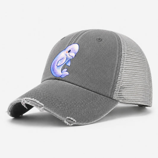 Beluga Whale Gentle Turn Sea Sprite Washed Trucker Hat – Grey