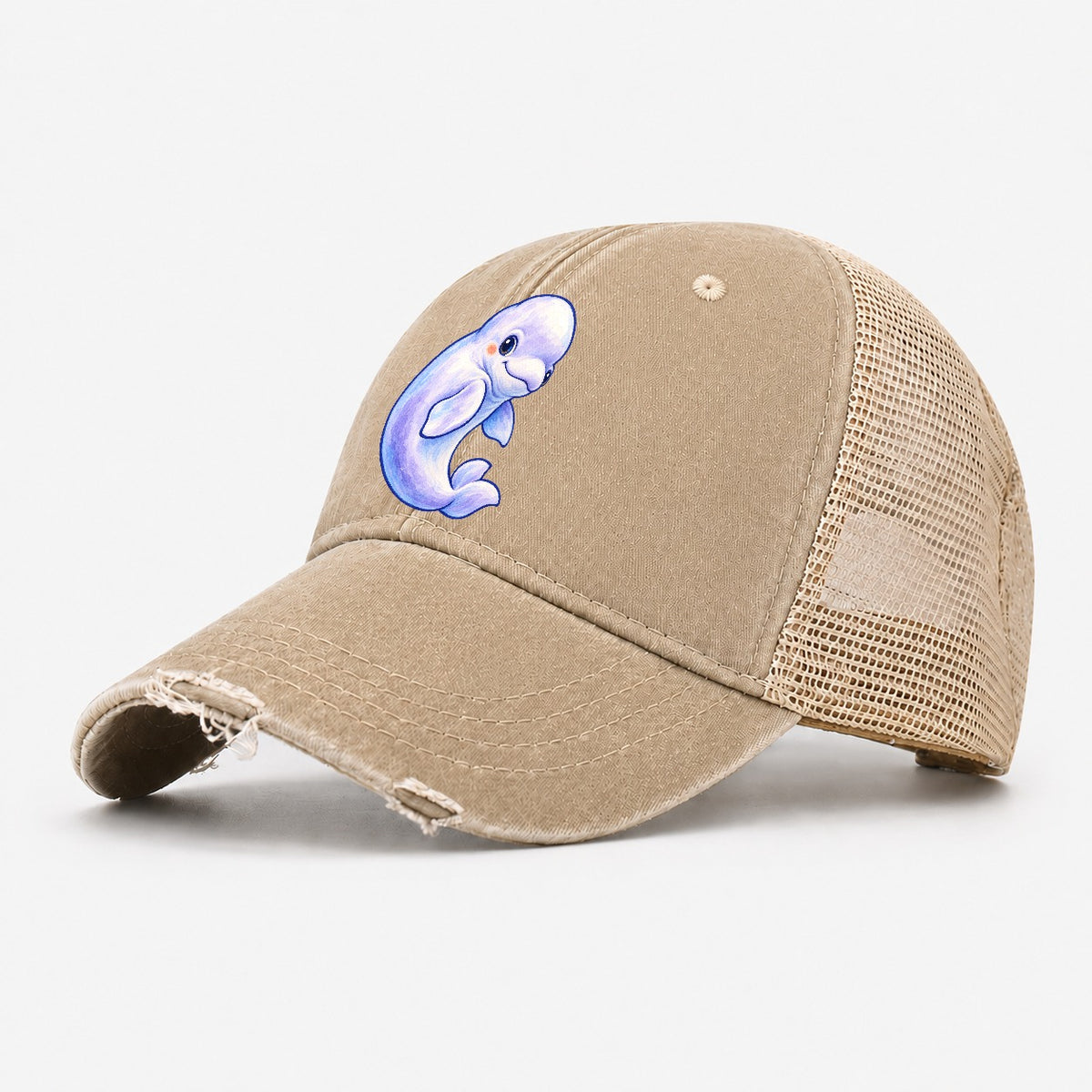 Beluga Whale Gentle Turn Sea Sprite Washed Trucker Hat – Khaki