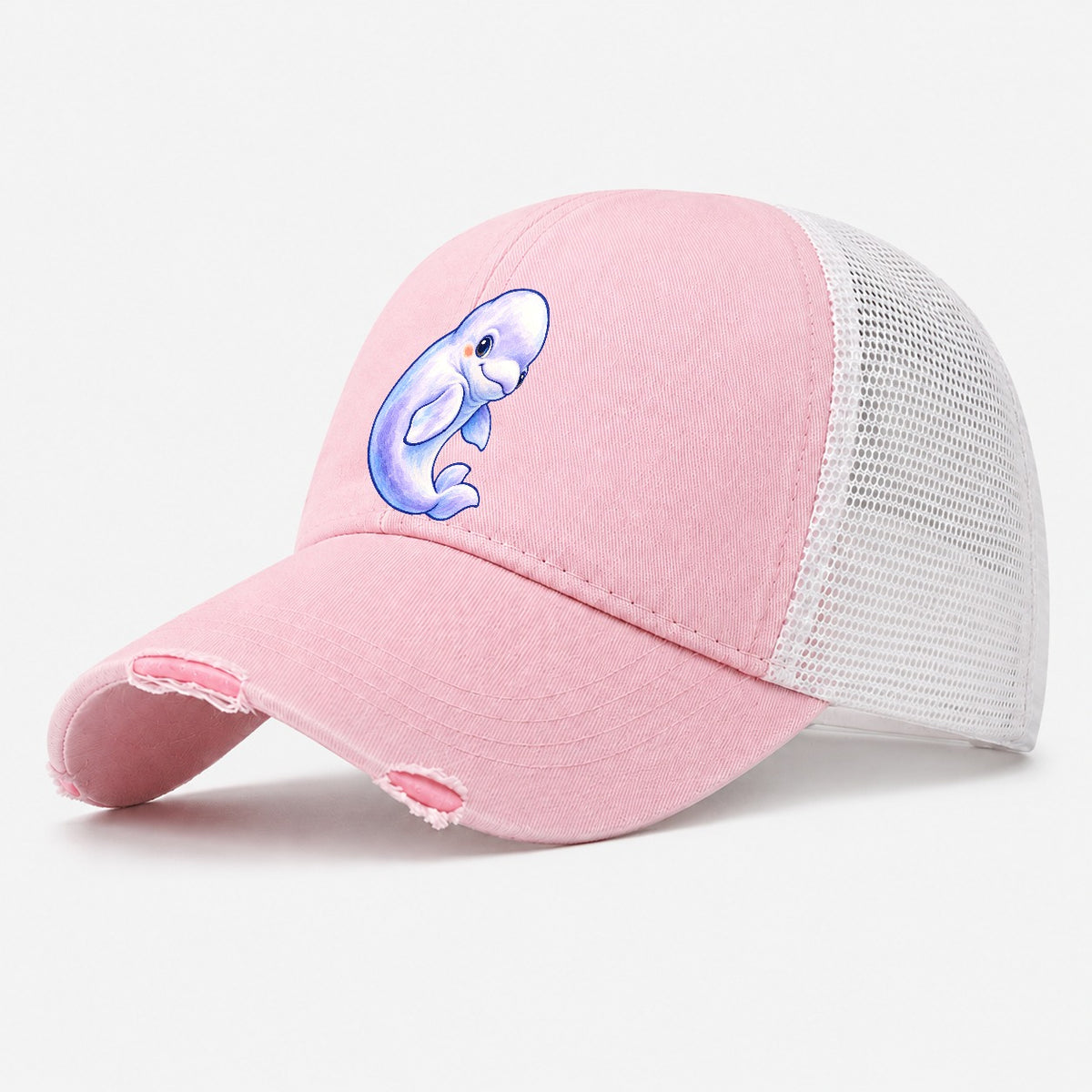 Beluga Whale Gentle Turn Sea Sprite Washed Trucker Hat – Light Pink