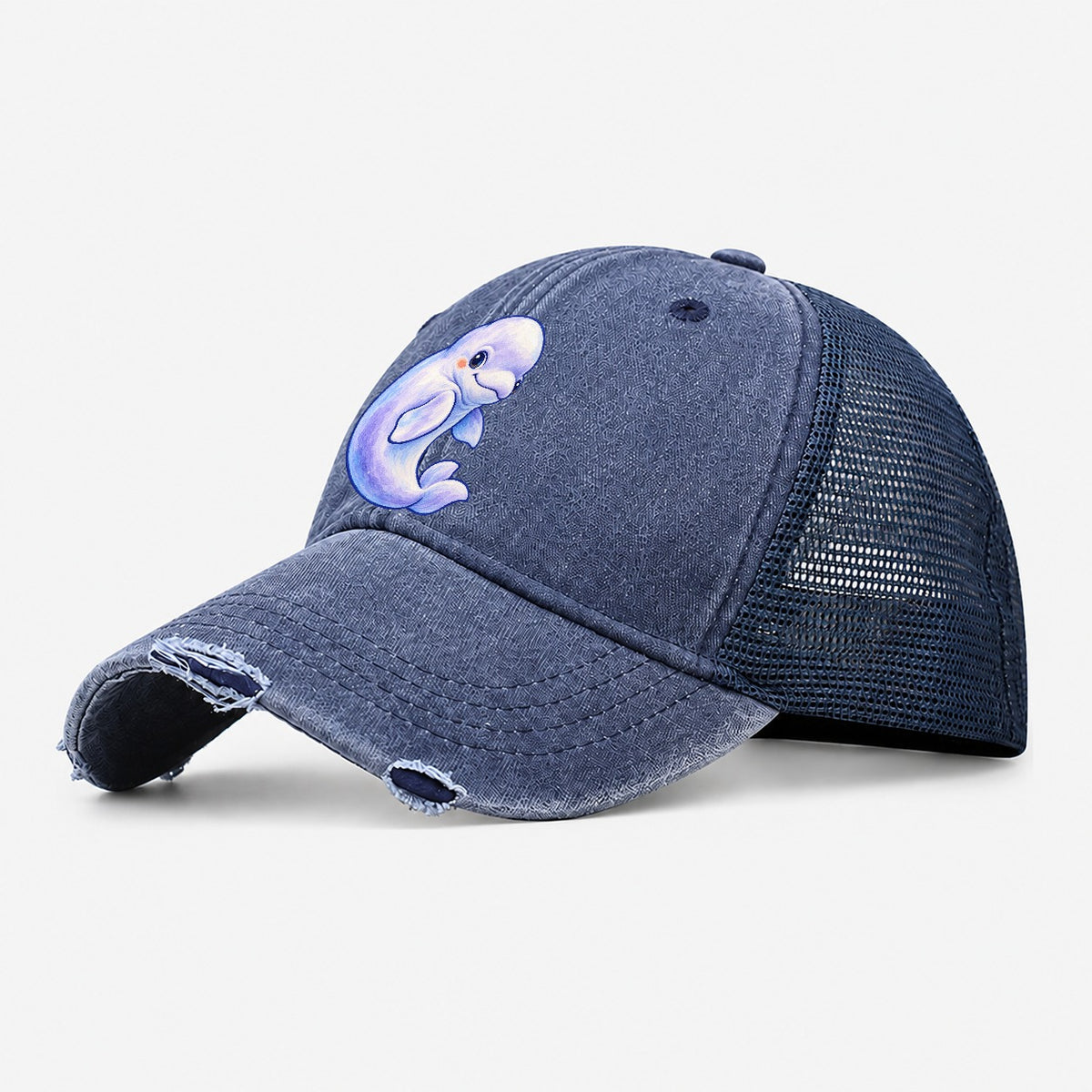 Beluga Whale Gentle Turn Sea Sprite Washed Trucker Hat – Navy