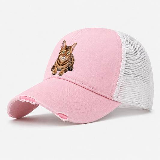 Bengal Reclining Paws Forward Realistic Cat Portrait Washed Trucker Hat – Light Pink