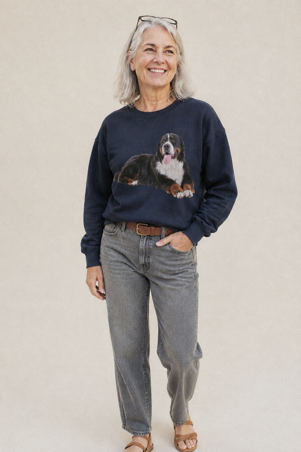 Bernese Mountain Dog Fleece Sweatshirt – studio model photo