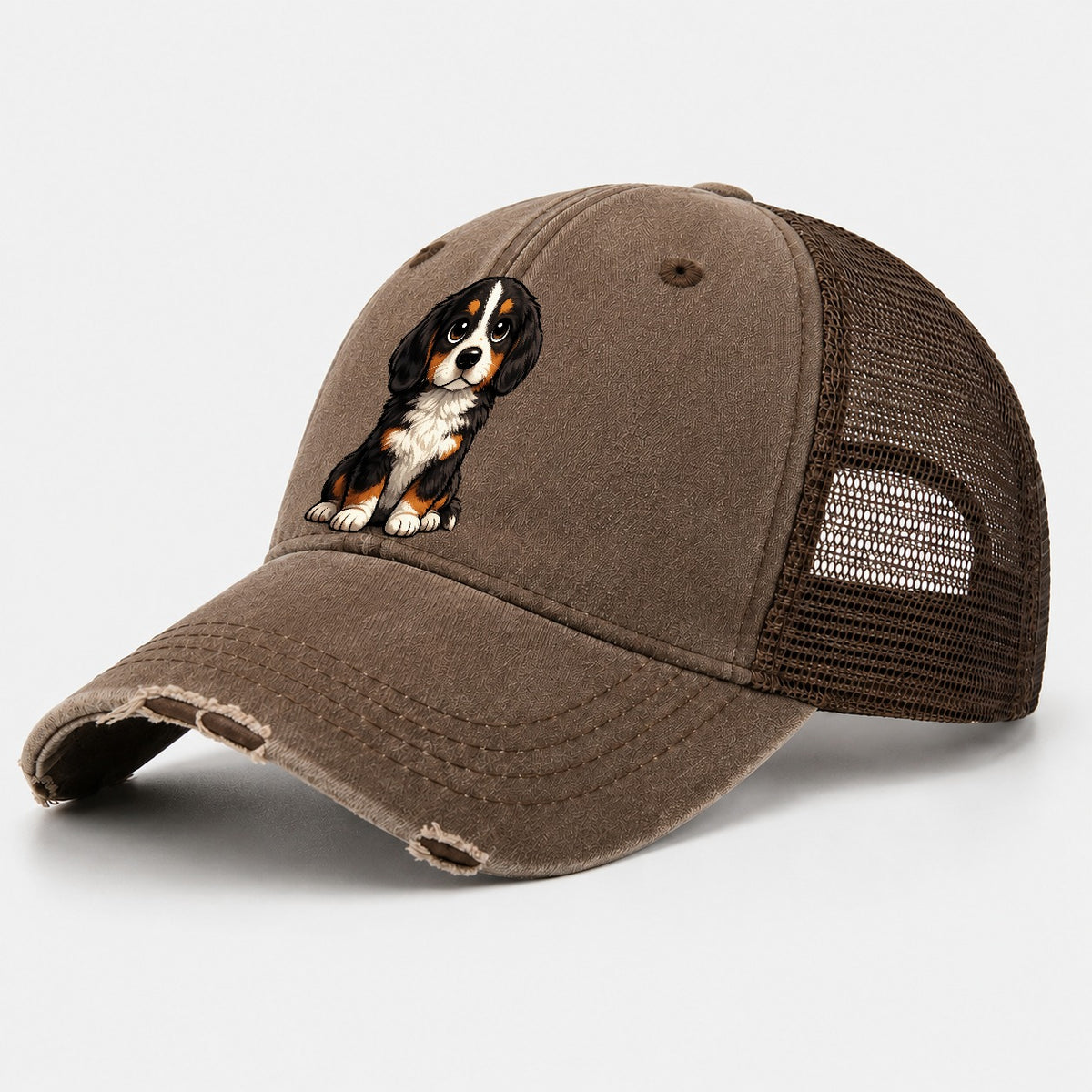 Bernese Mountain Dog Sitting Sweetheart Washed Trucker Hat – Coffee