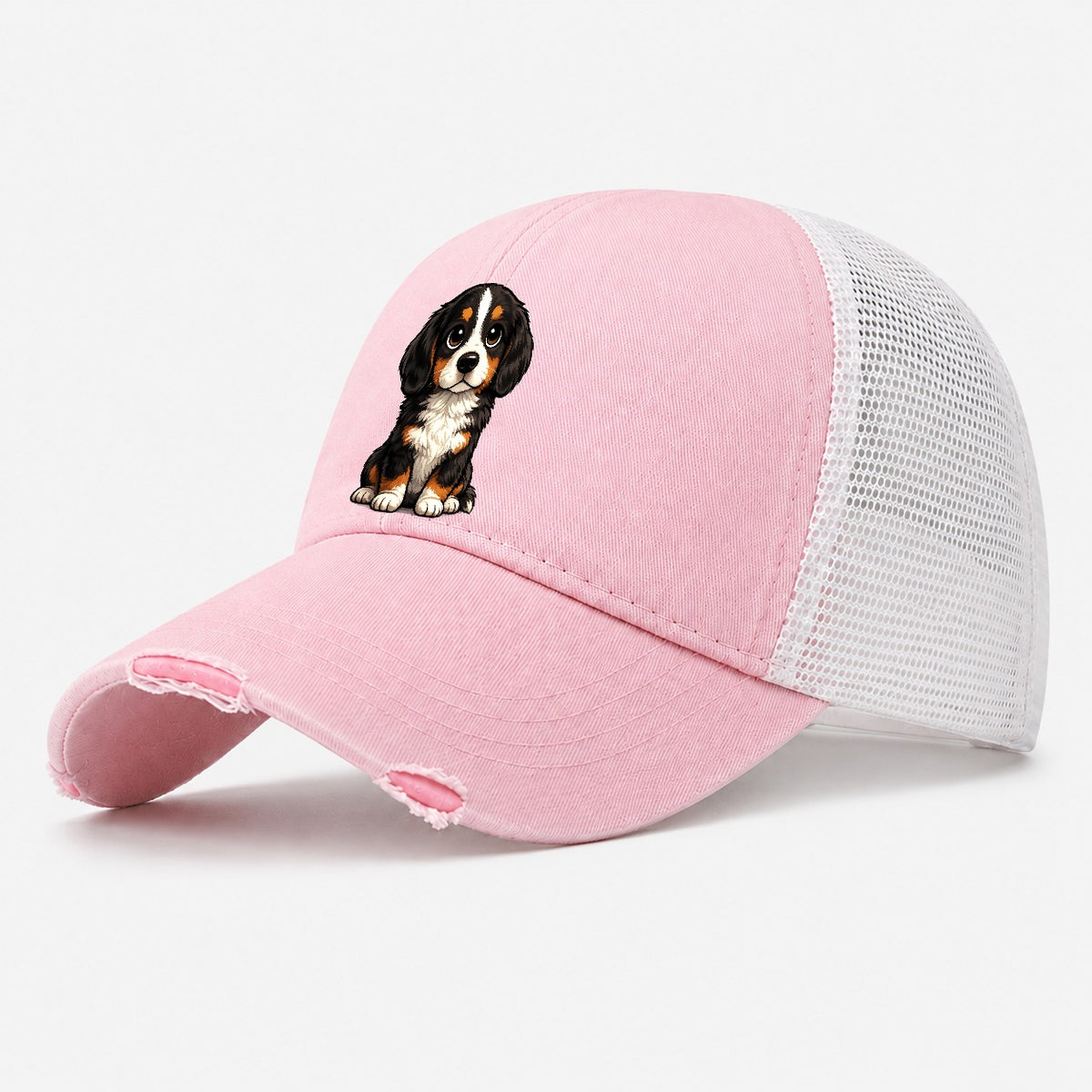 Bernese Mountain Dog Sitting Sweetheart Washed Trucker Hat – Light Pink