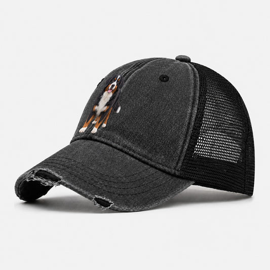 Bernese Mountain Dog Standing Top Breeds Washed Trucker Hat – Black