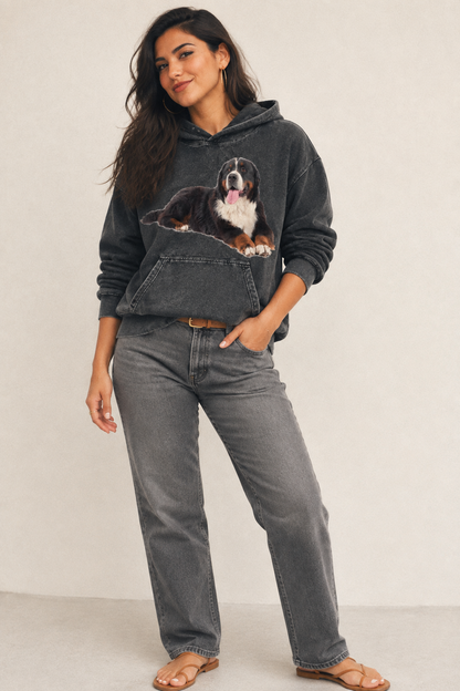 Bernese Mountain Dog Vintage Washed Hoodie – studio model photo