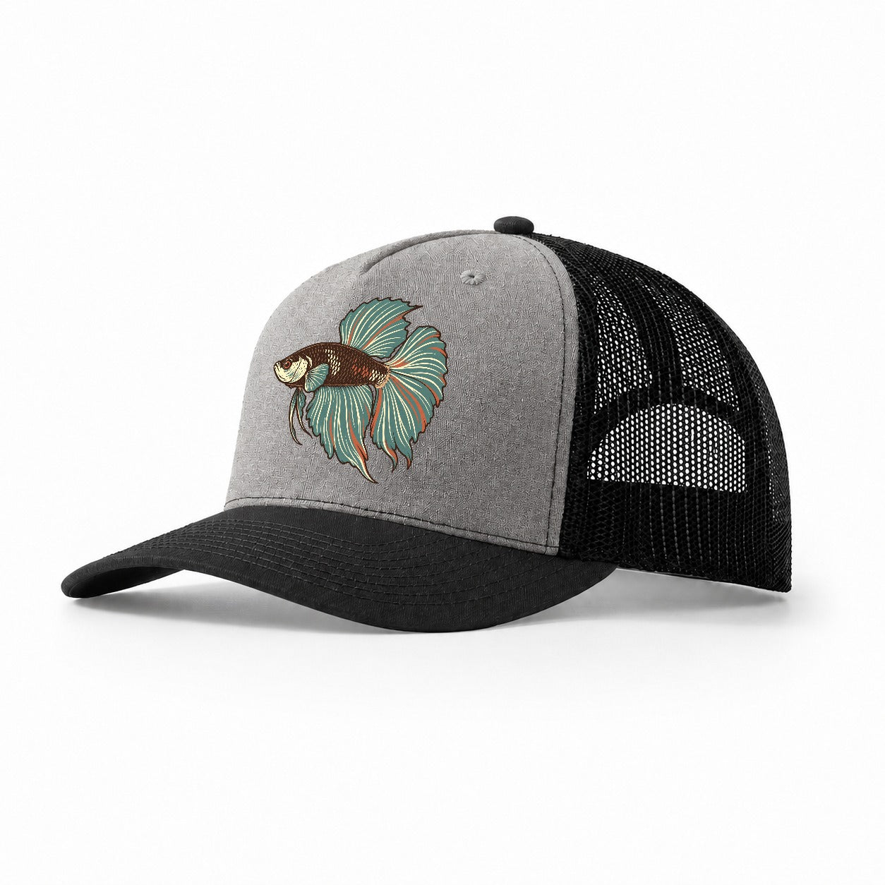 Betta Fin Silhouette Aquarium Keeping Trucker Hat – Grey Black