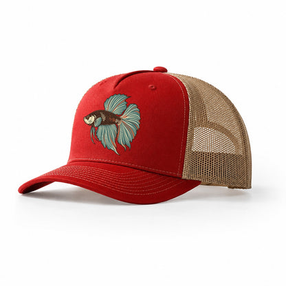 Betta Fin Silhouette Aquarium Keeping Trucker Hat – Red Khaki