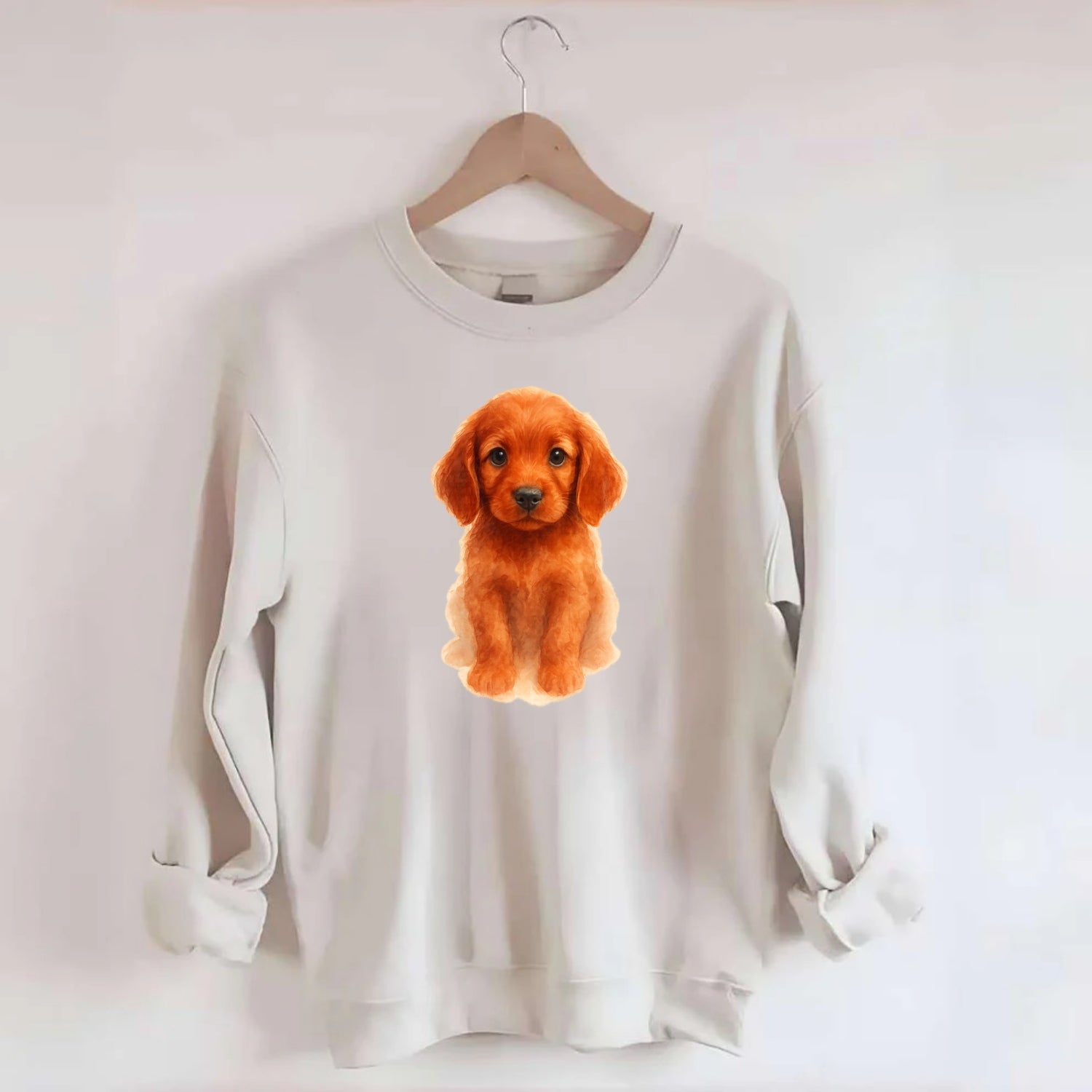 Baby Irish Setter Puppy - mahogany red coat, feathered ears, friendly eyes, - Crewneck Sweatshirt - biege