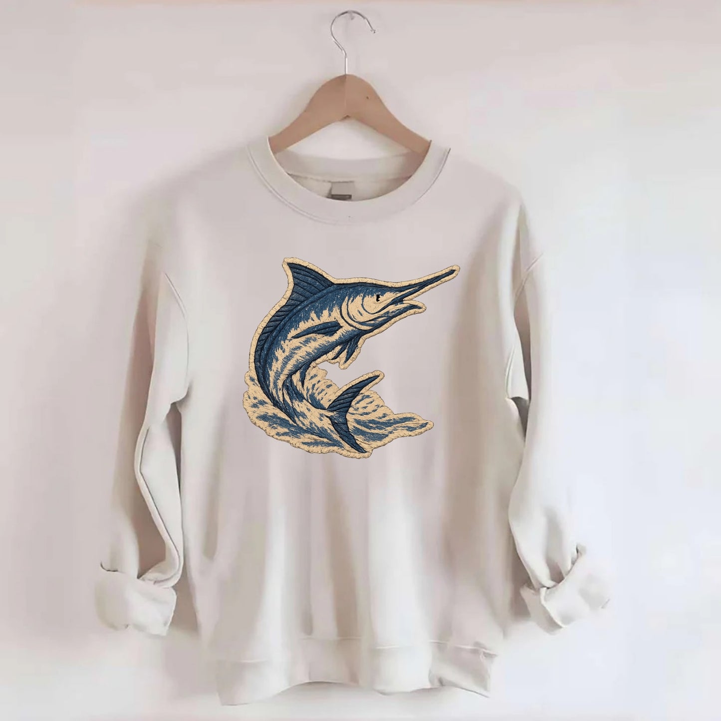 SWORDFISH MARLIN - leaping marlin in blue and silver , sport fishing - Crewneck Sweatshirt - biege