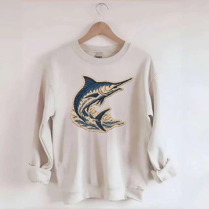 SWORDFISH MARLIN - leaping marlin in blue and silver , sport fishing - Crewneck Sweatshirt - biege