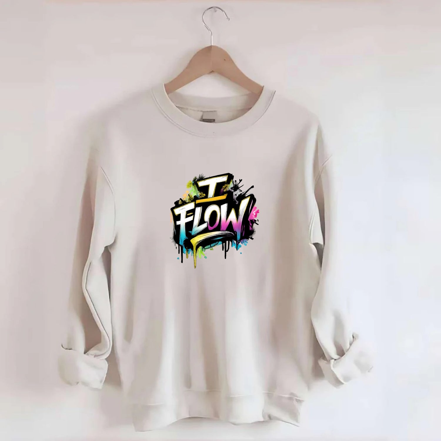 Bold typography design - "I FLOW" - going with life, easy movement - Crewneck Sweatshirt - biege