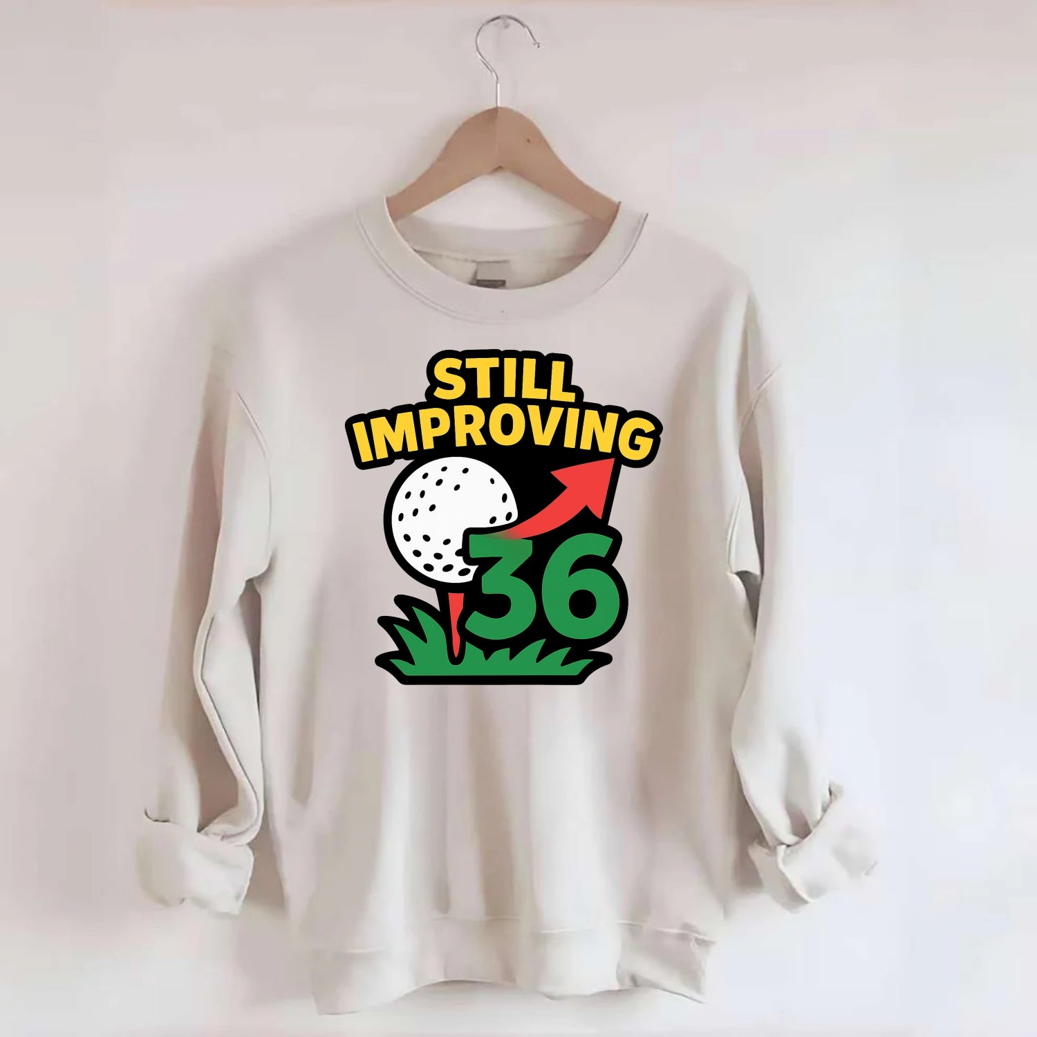 Handicap number getting higher with arrow - "Still Improving" - optimistic - Crewneck Sweatshirt - biege