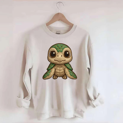Baby Green Sea Turtle - emerald shell, large innocent brown eyes, tiny - Crewneck Sweatshirt - biege