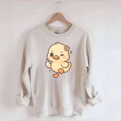 fluffy baby duck with small flower, one webbed foot raised sassily - Crewneck Sweatshirt - biege