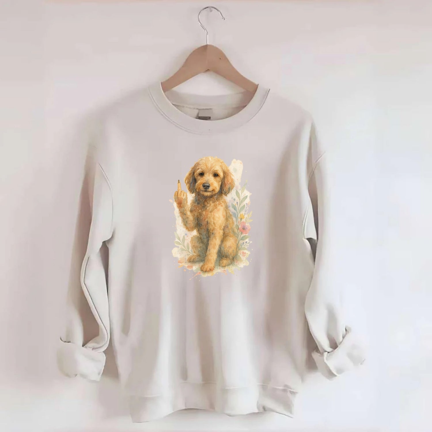 Labradoodle hypoallergenic with wavy coat, intelligent eyes, paw raised - Crewneck Sweatshirt - biege