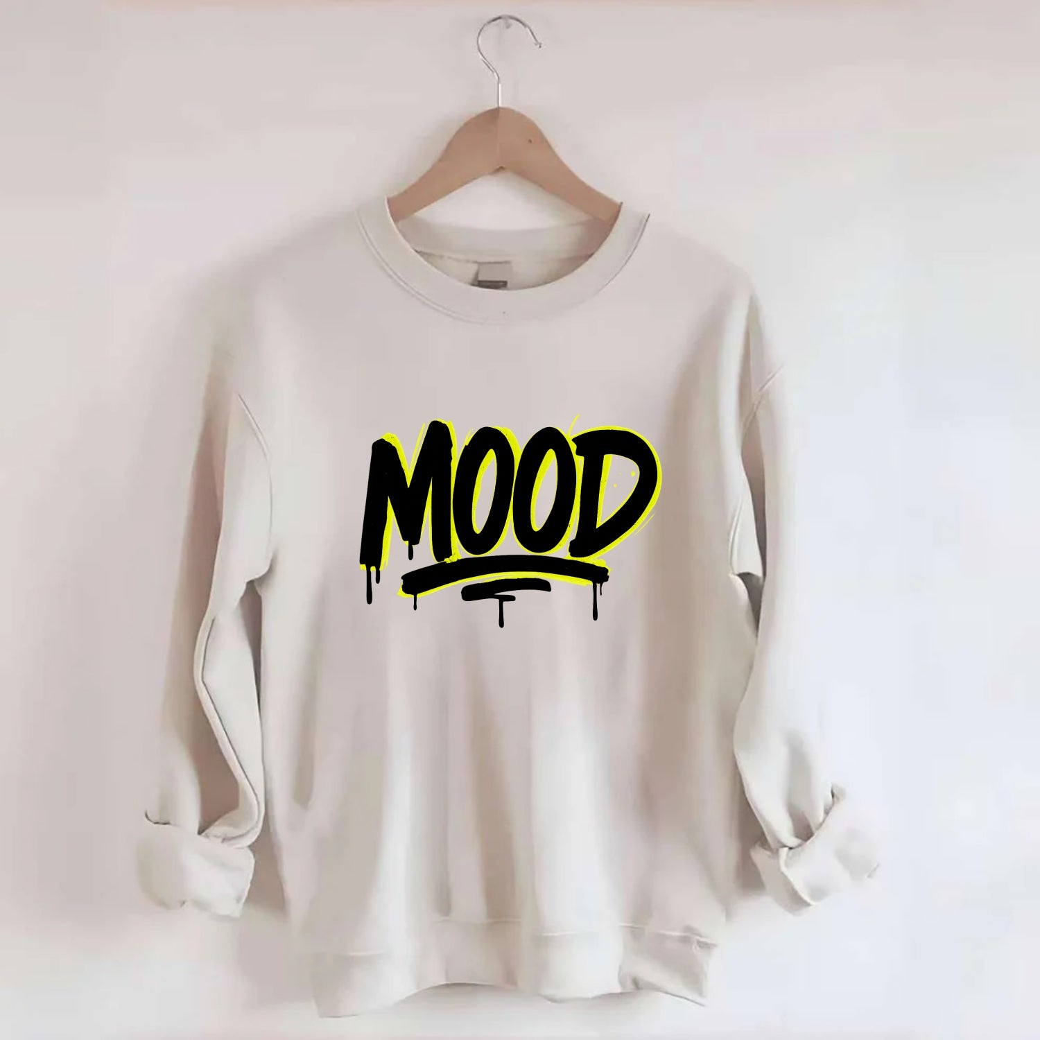 Bold typography design - "MOOD" - current state, feeling it - Crewneck Sweatshirt - biege
