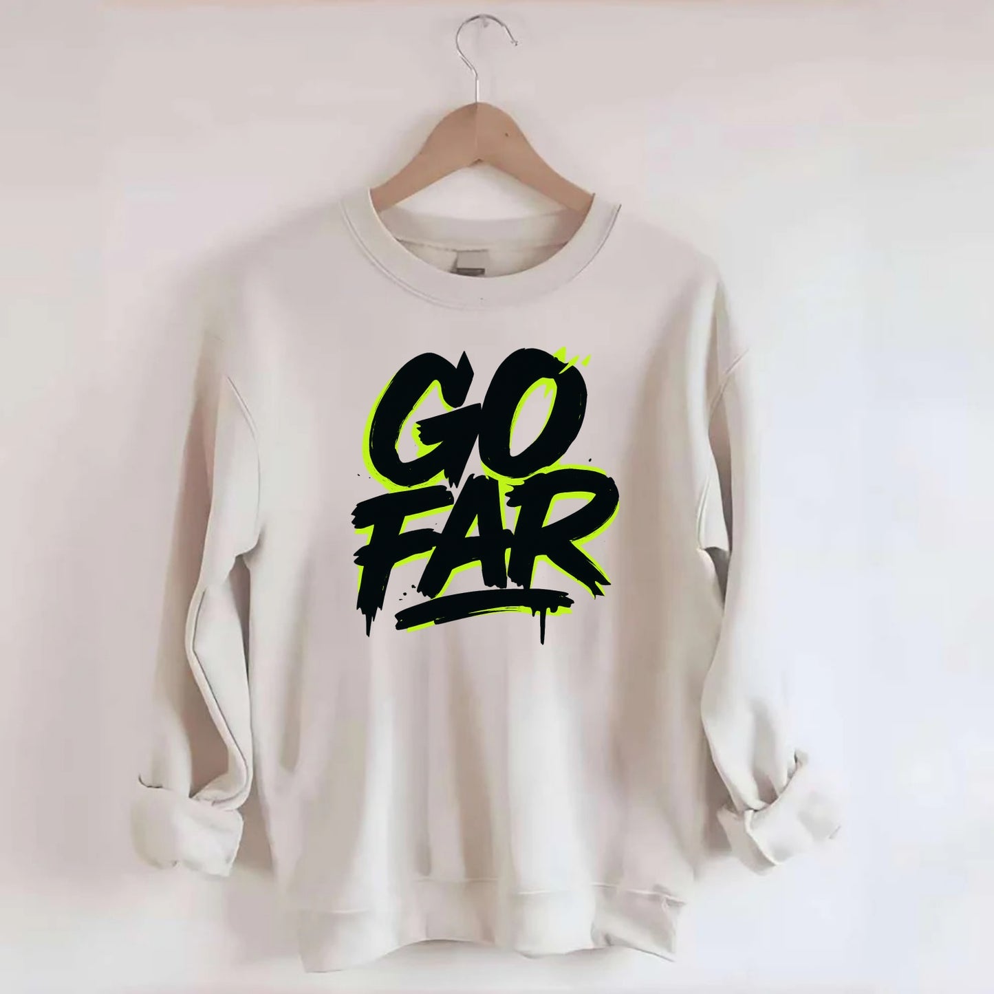 Bold typography design - "GO FAR" - distance goals, pushing limits - Crewneck Sweatshirt - biege