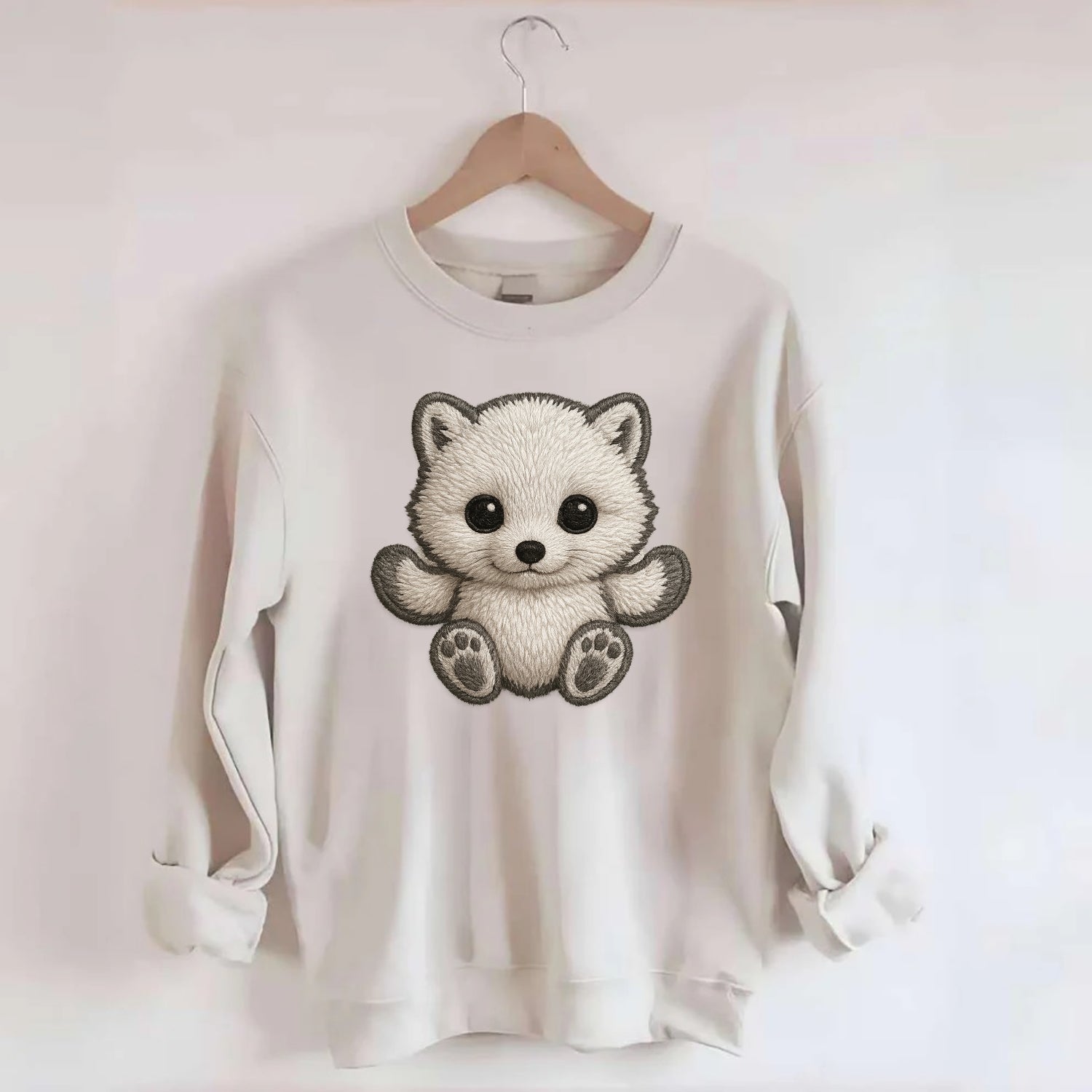 Baby Arctic Fox - white fluffy, tiny black nose, bright curious eyes, - Crewneck Sweatshirt - biege