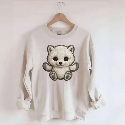 Baby Arctic Fox - white fluffy, tiny black nose, bright curious eyes, - Crewneck Sweatshirt - biege