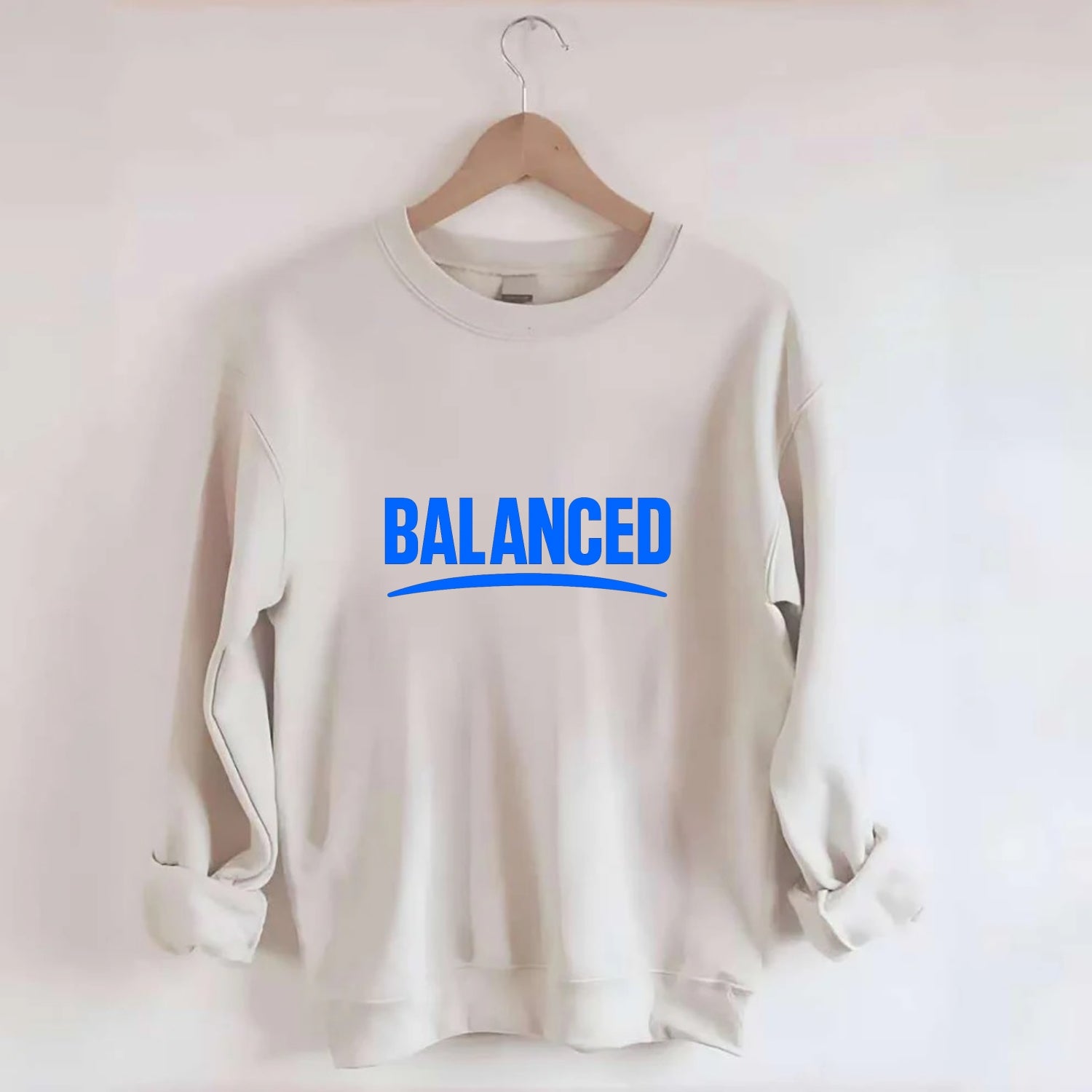 Bold typography design - "BALANCED" - harmony, equilibrium, centered life - Crewneck Sweatshirt - biege