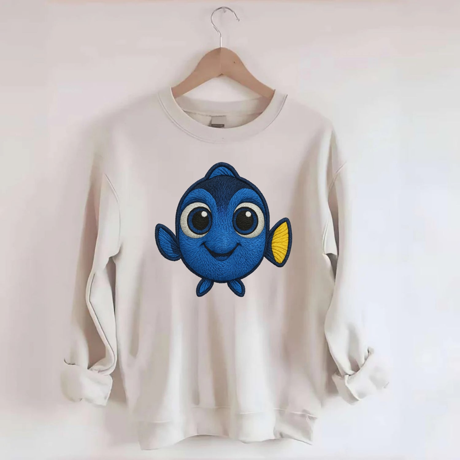 Baby Blue Tang - bright blue with yellow tail, big eyes, front-facing, - Crewneck Sweatshirt - biege