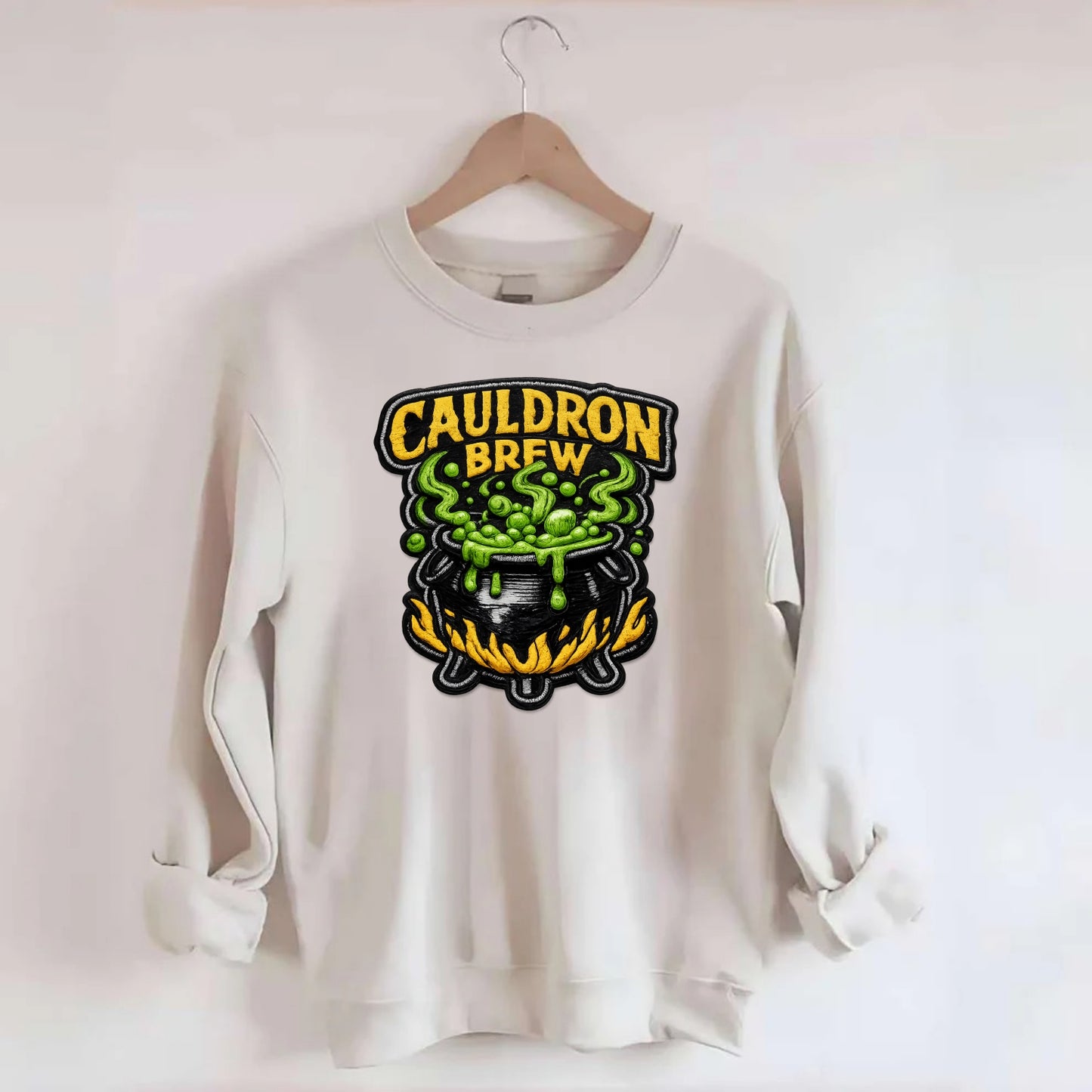 CAULDRON BREW - bubbling pot in black and green , witch craft - Crewneck Sweatshirt - biege
