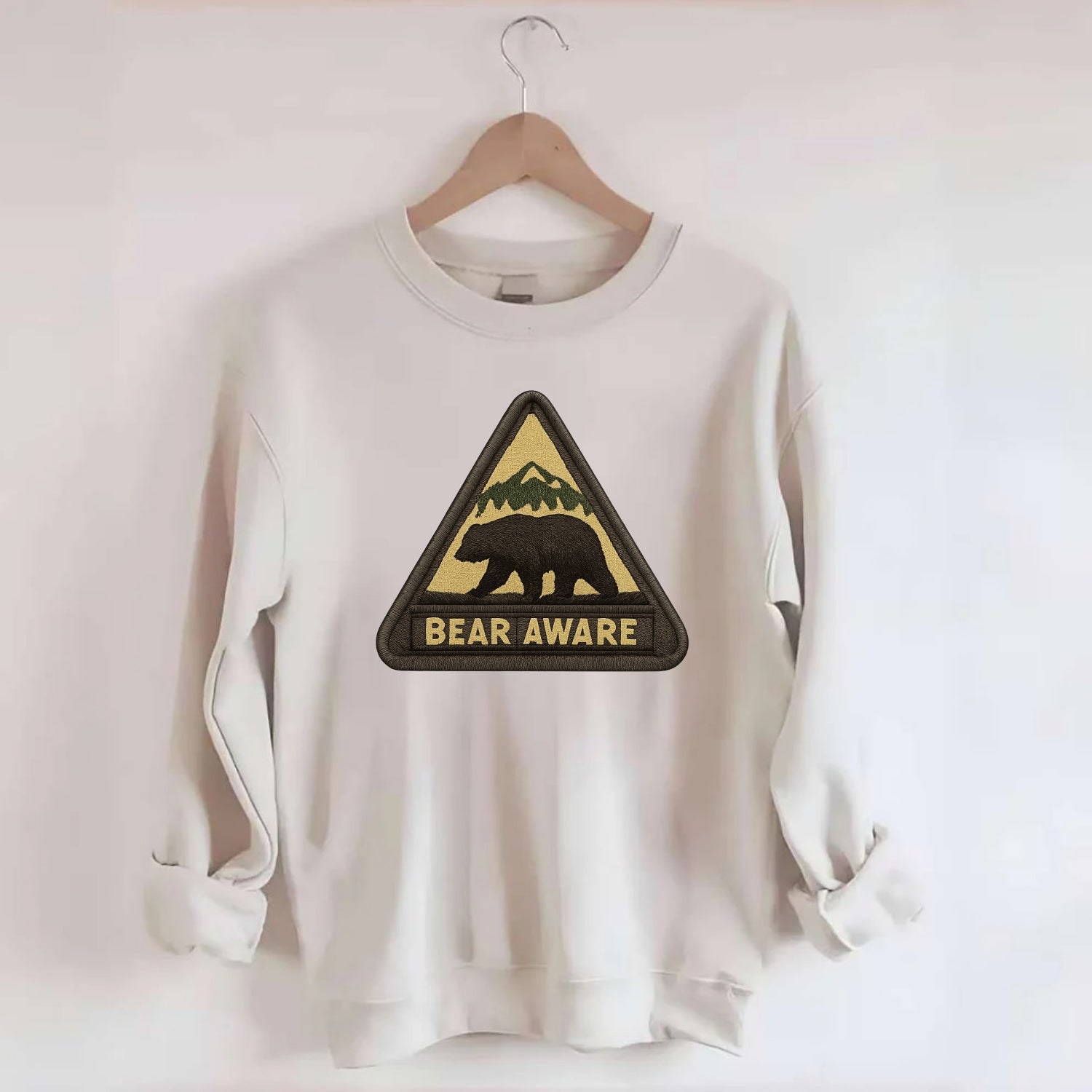 BEAR AWARE - bear silhouette warning in brown and yellow , wilderness safety - Crewneck Sweatshirt - biege
