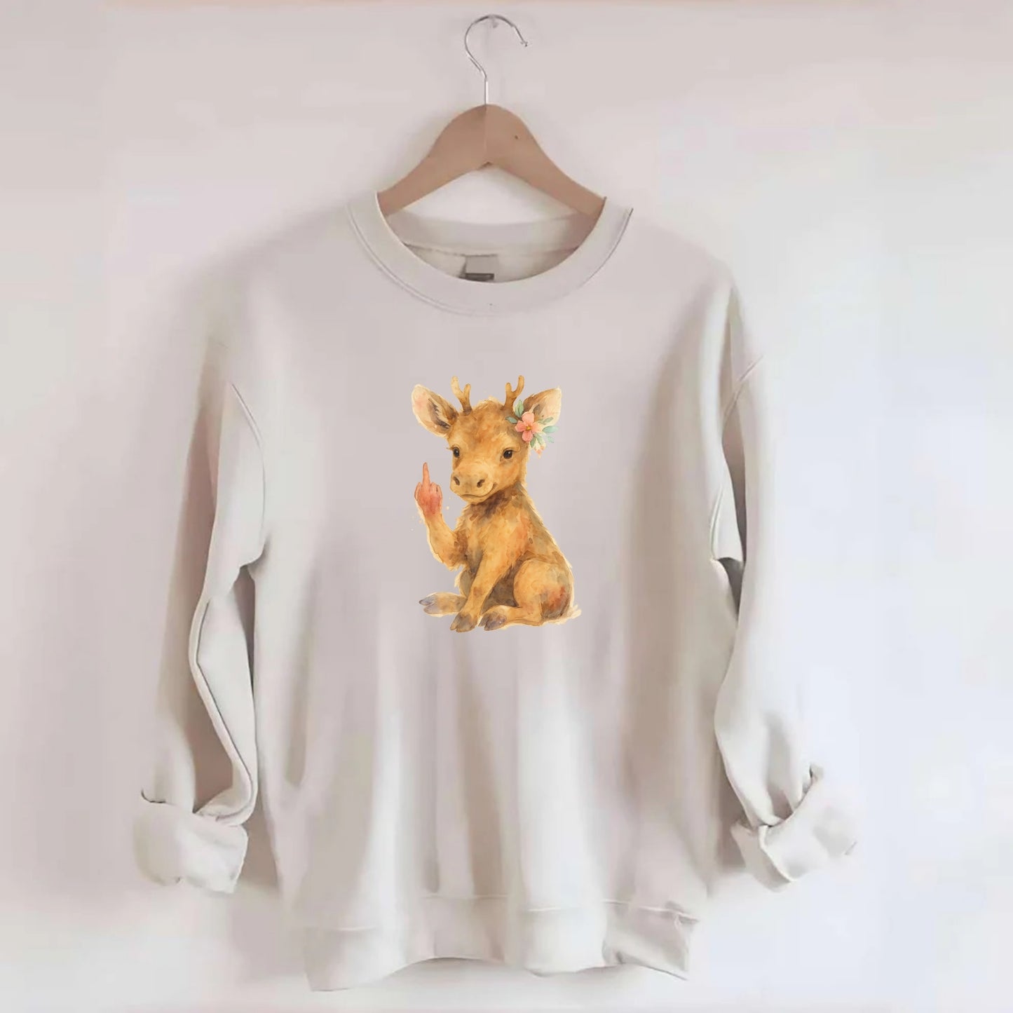 baby moose with adorable tiny antlers, one hoof raised in attitude - Crewneck Sweatshirt - biege