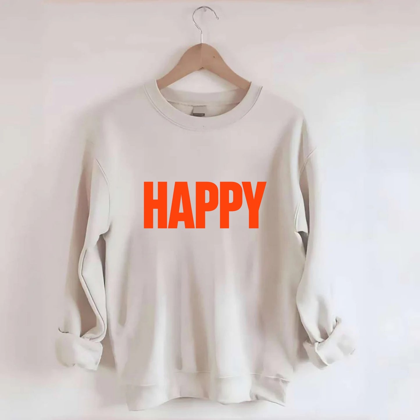 Bold typography design - "HAPPY" - joyful, content, pleased - Crewneck Sweatshirt - biege