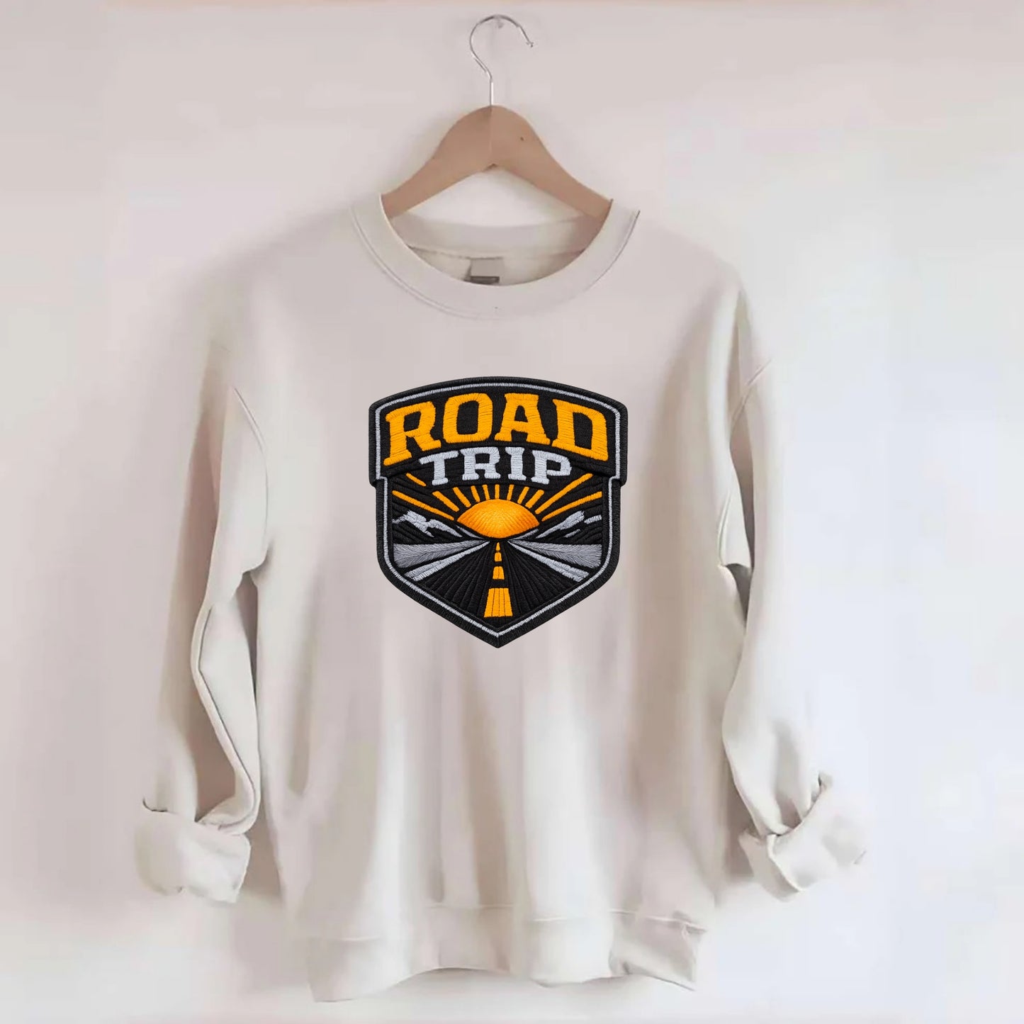 ROAD TRIP - highway and sun in orange and gray , open road - Crewneck Sweatshirt - biege