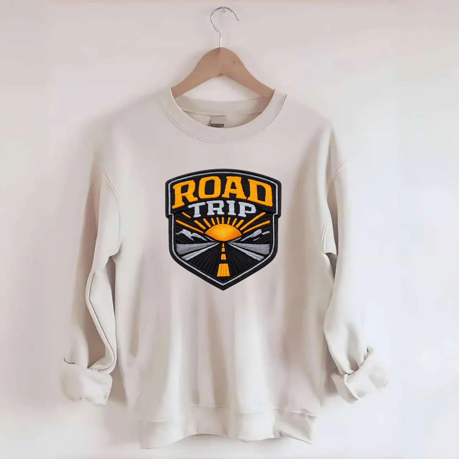ROAD TRIP - highway and sun in orange and gray , open road - Crewneck Sweatshirt - biege