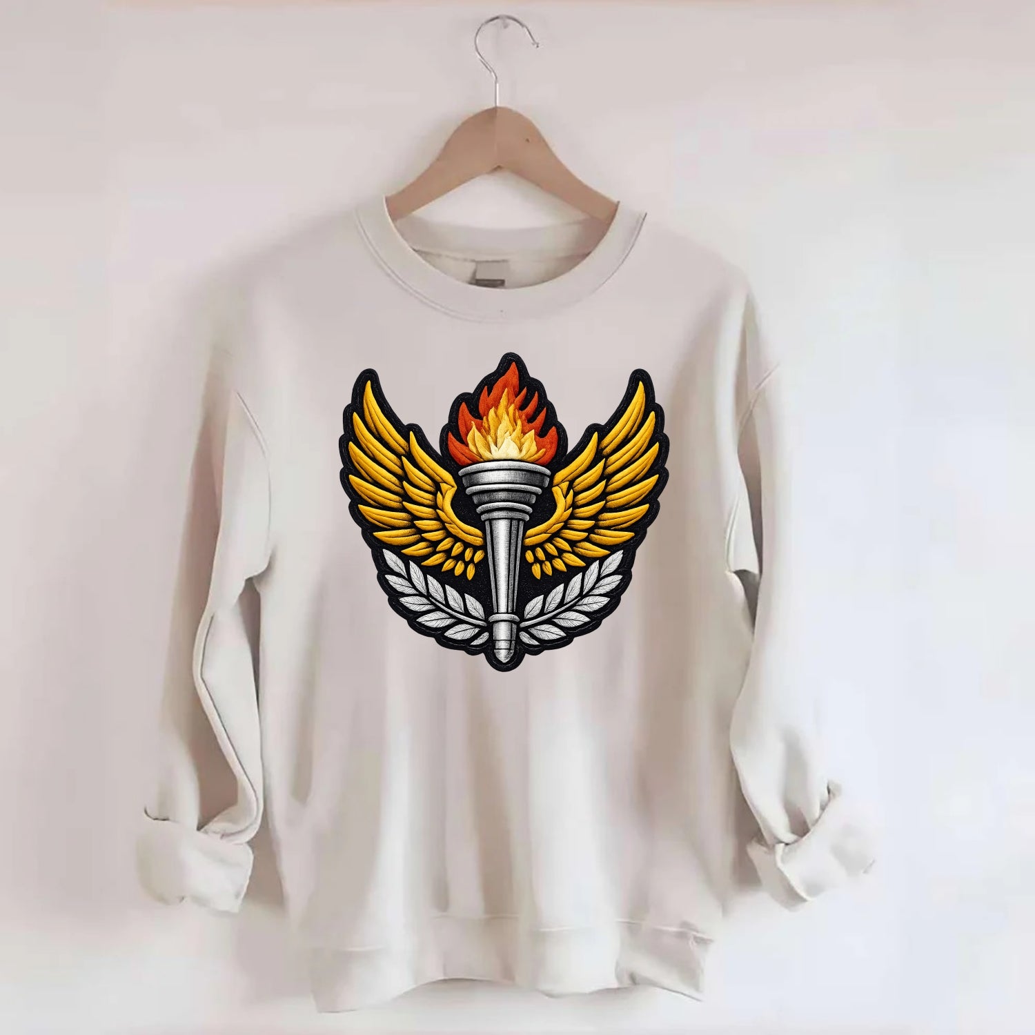 Embroidered patch design - TRACK AND FIELD TORCH - Olympic style torch with - Crewneck Sweatshirt - biege