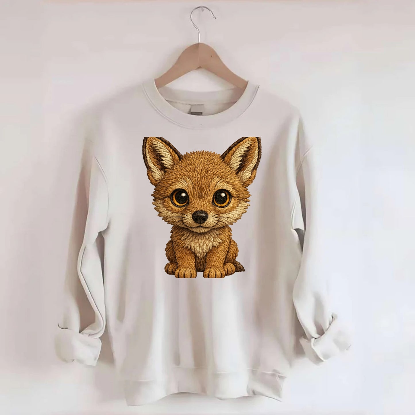 Baby Coyote Pup - tan fur, large ears, golden eyes, front-facing, clever baby - Crewneck Sweatshirt - biege