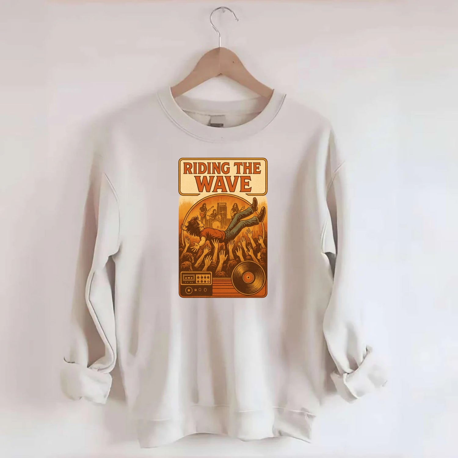 Crowd surfing at packed concert - "Riding the Wave" - concert energy - Crewneck Sweatshirt - biege