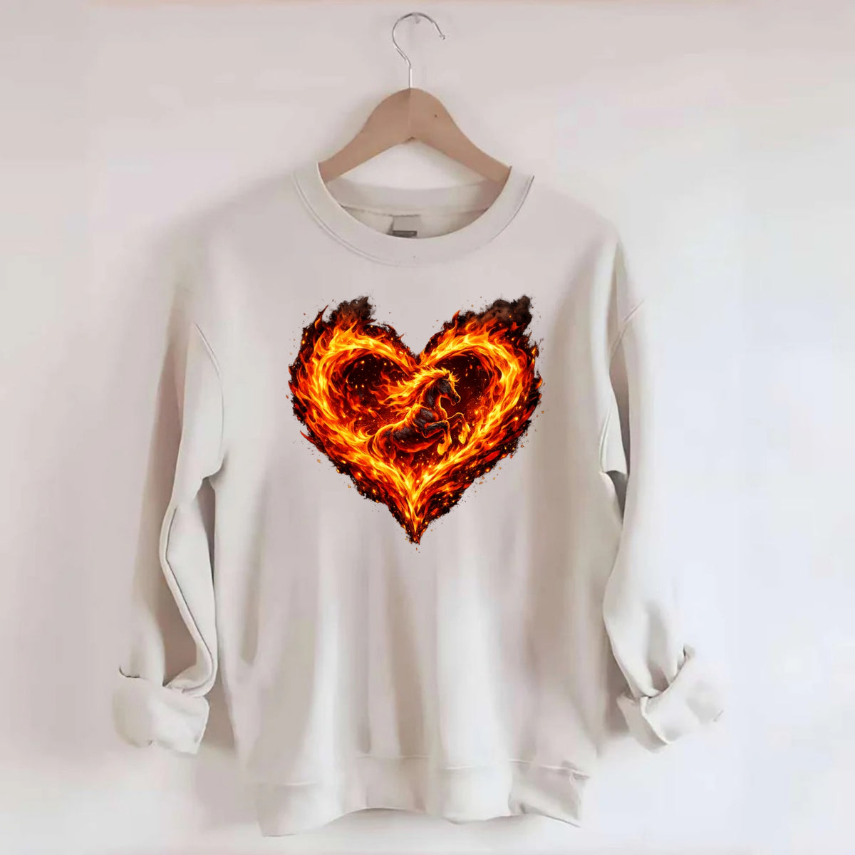 HEART OF FIRE | Flaming heart with horse silhouette inside | Passion embodied - Crewneck Sweatshirt - biege