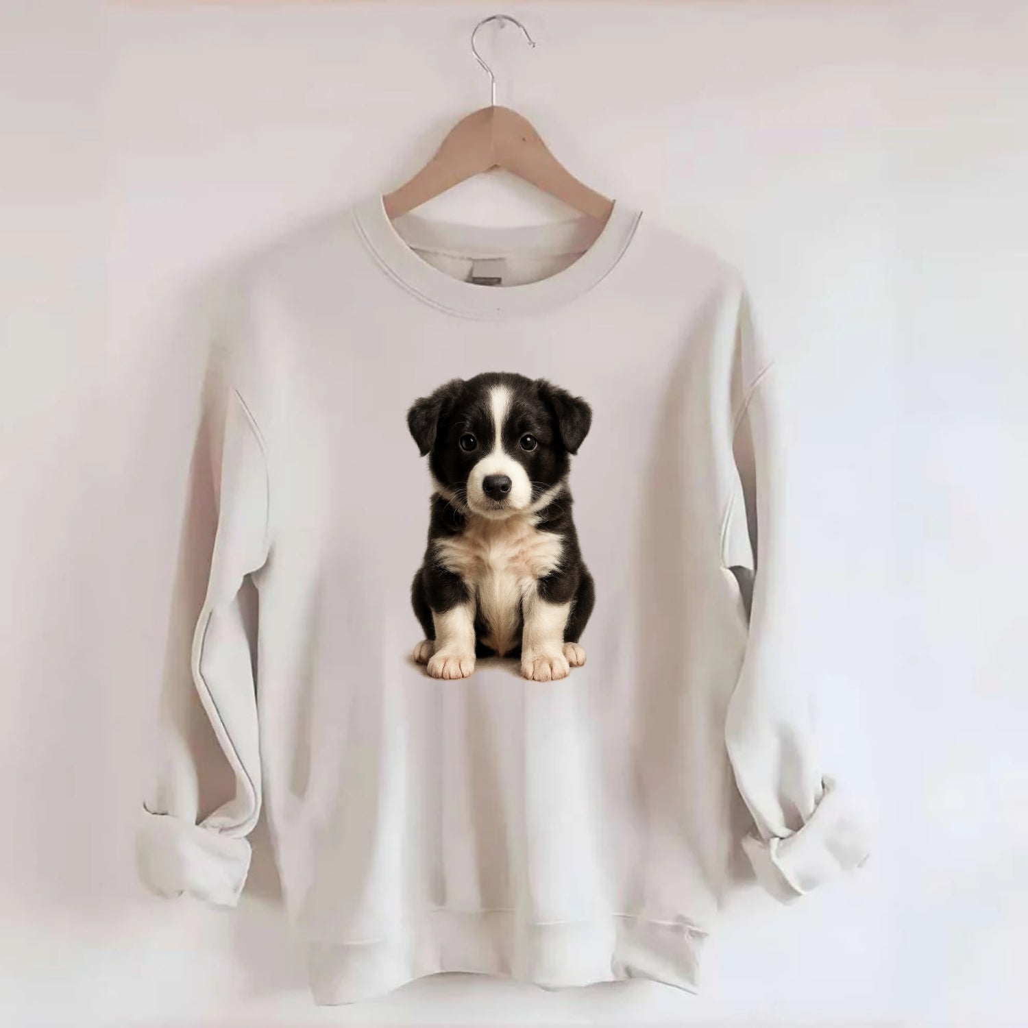 Baby Border Collie Puppy - black and white, intense smart eyes, athletic - Crewneck Sweatshirt - biege