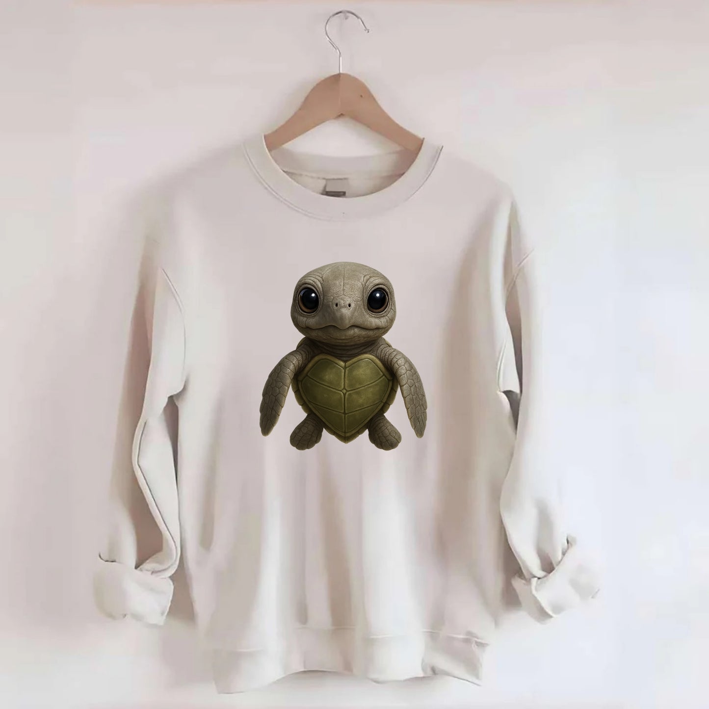 Baby Olive Ridley Turtle - olive green shell, heart-shaped carapace, bright - Crewneck Sweatshirt - biege