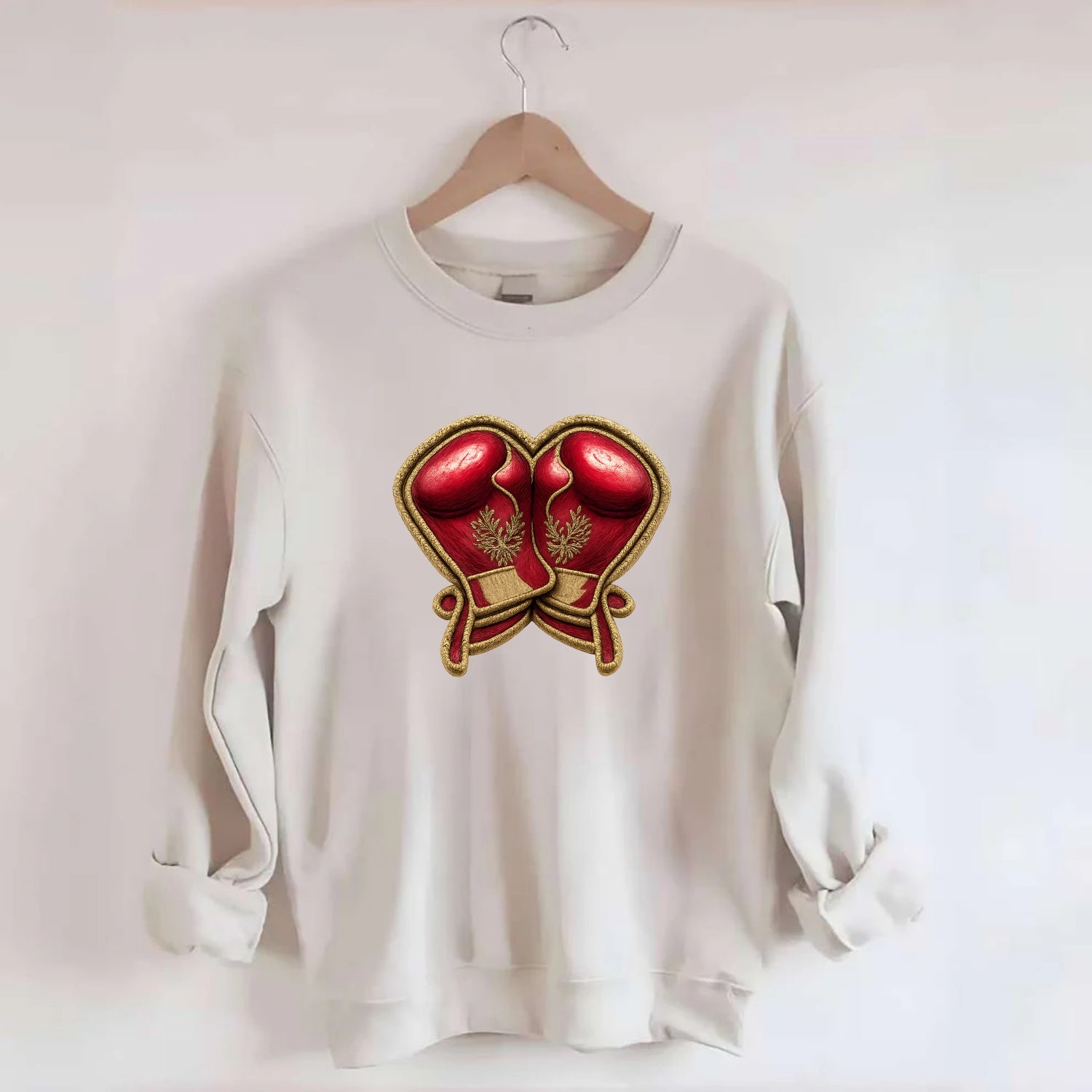 Embroidered patch design - BOXING GLOVES - red boxing gloves crossed in - Crewneck Sweatshirt - biege