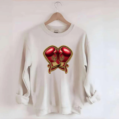 Embroidered patch design - BOXING GLOVES - red boxing gloves crossed in - Crewneck Sweatshirt - biege