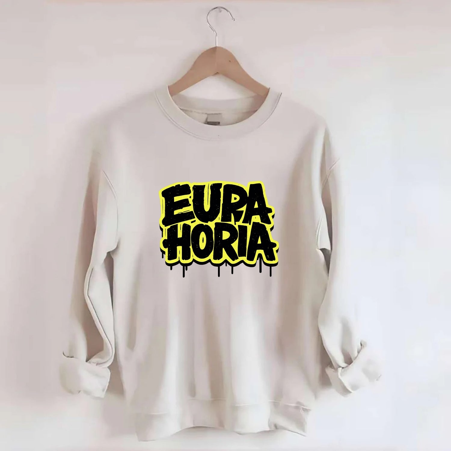 Bold typography design - "EUPHORIA" - intense happiness, ecstasy - Crewneck Sweatshirt - biege