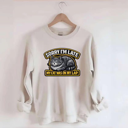 SORRY IM LATE MY CAT WAS ON MY LAP - cat loaf in gray , valid excuse - Crewneck Sweatshirt - biege